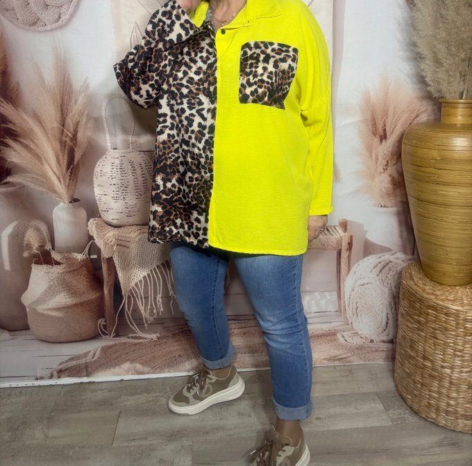 Chemise ample bicolore jaune citron Léopard camel caramel du 40 au 50/52 
