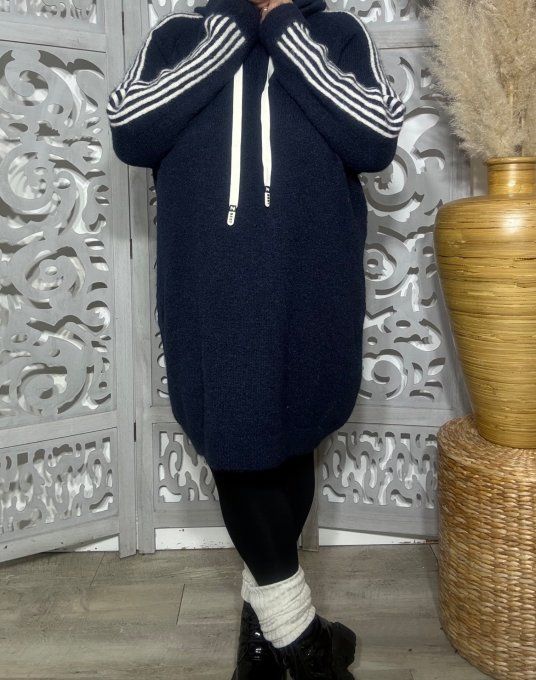Robe maille à capuche oversize marine Sportswear Bandes écrues Douceur +++ du 44 au 54/56