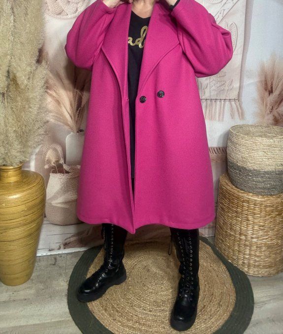 Manteau mi-long oversize polaire Rose Fuschia réglable 2 boutons douceur +++ du 40 au 50 et même +