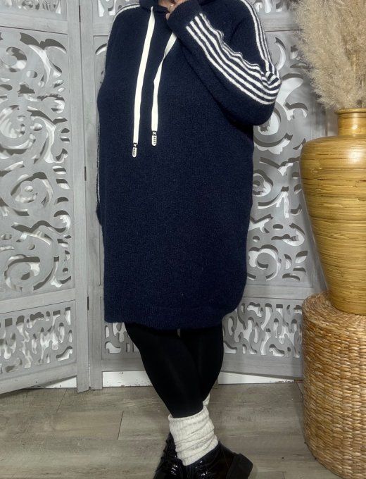 Robe maille à capuche oversize marine Sportswear Bandes écrues Douceur +++ du 44 au 54/56