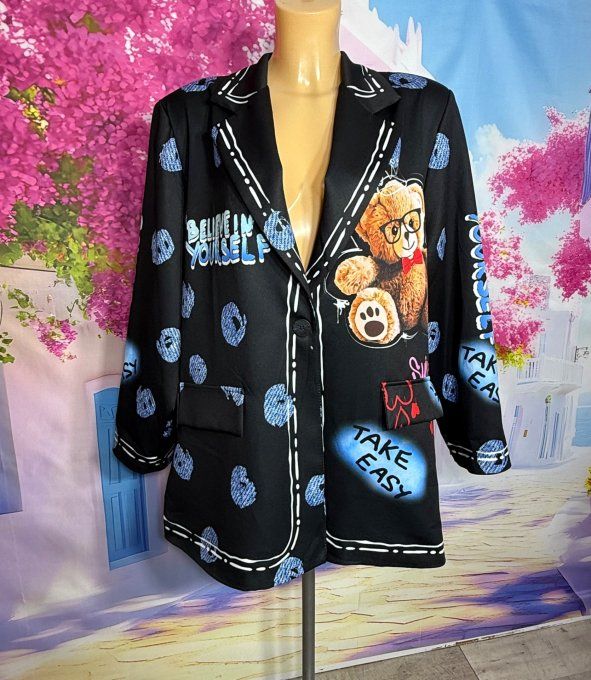 Veste blazer noire TOUTE DOUBLÉE  Teddy Bear Ourson du 40 au 48/50 et même + si portée ouverte 