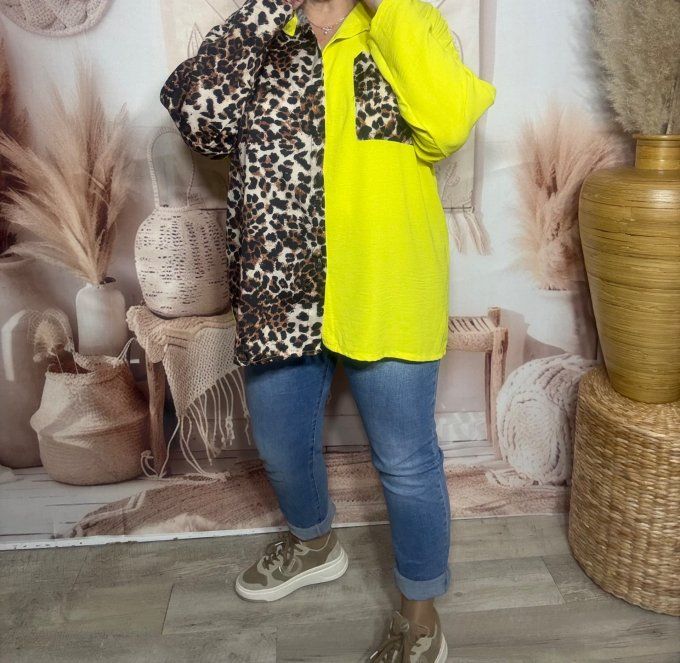 Chemise ample bicolore jaune citron Léopard camel caramel du 40 au 50/52 