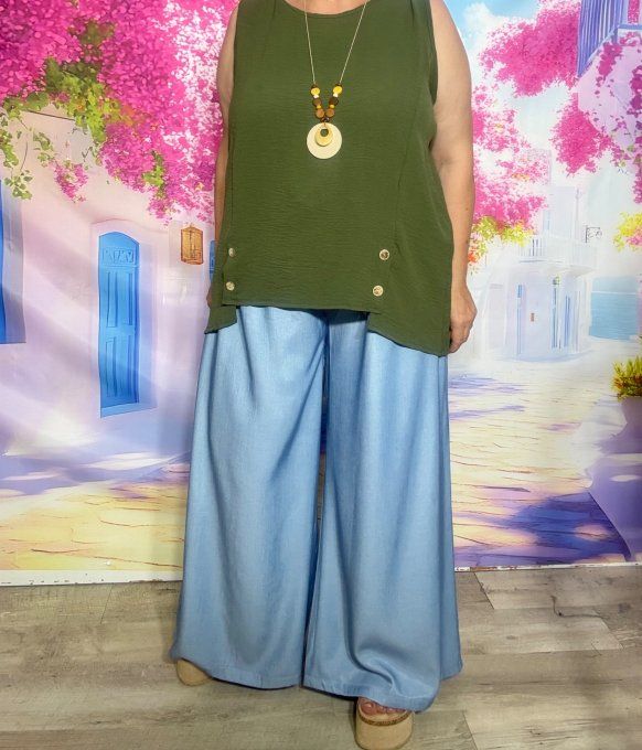 Blouse sans manches asymétrique Kaki boutons bois + collier offert du 38 au 48 