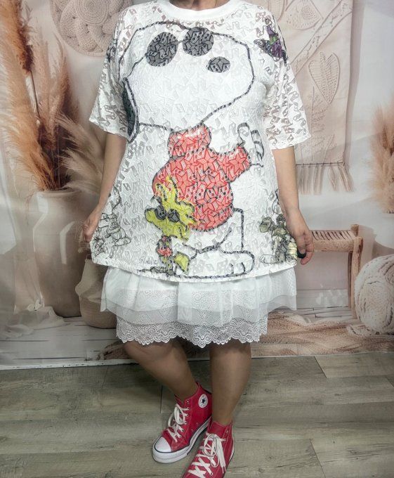 Top ample dentelle blanche Snoopy in Love du 34 au 46/48