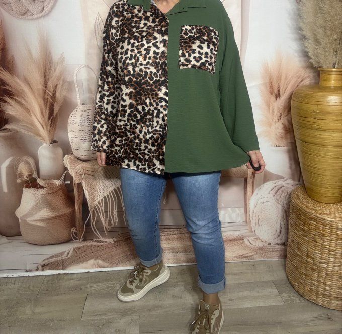 Chemise ample bicolore kaki Léopard camel caramel du 40 au 50/52 