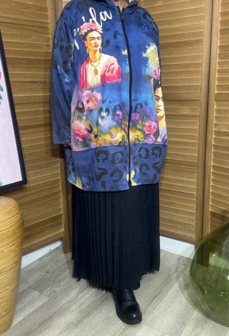 Manteau à capuche suédine bleu nuit Frida Kahlo du 40 au 52 et même +