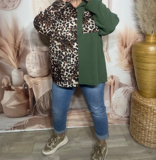 Chemise ample bicolore kaki Léopard camel caramel du 40 au 50/52 