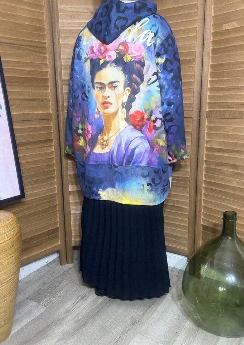 Manteau à capuche suédine bleu nuit Frida Kahlo du 40 au 52 et même +