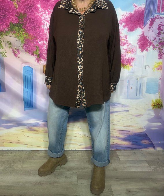 Chemise ample chocolat bordures léopard camel manches longues du 40 au 50/52