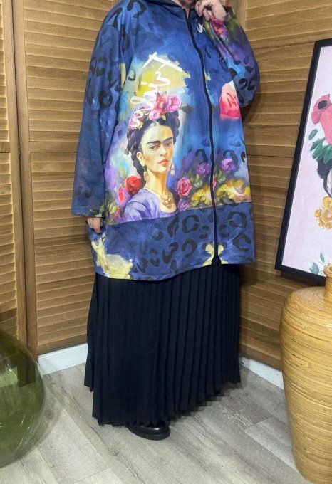 Manteau à capuche suédine bleu nuit Frida Kahlo du 40 au 52 et même +