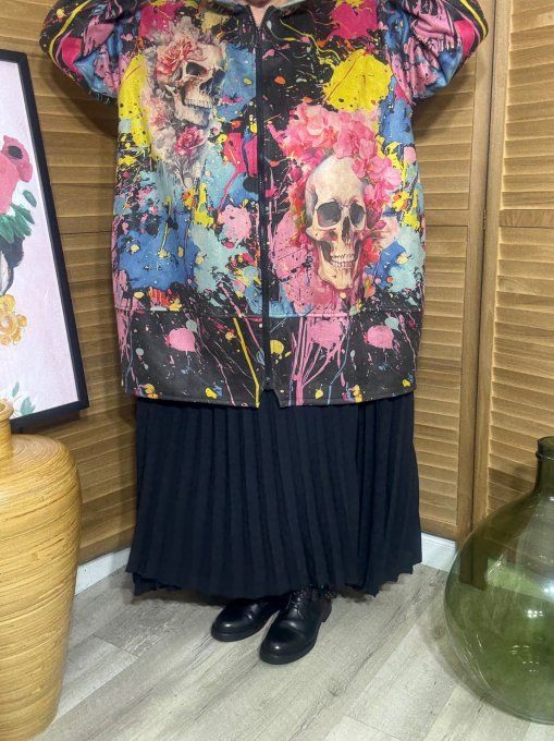 Manteau à capuche suédine noire graffitis Mexican Skulls Calavera du 40 au 52 et même +