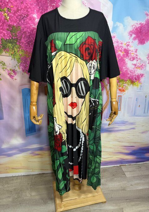 Robe mi-longue plissée noire & verte Roses rouges Fashion Pretty Woman du 40 au 52 