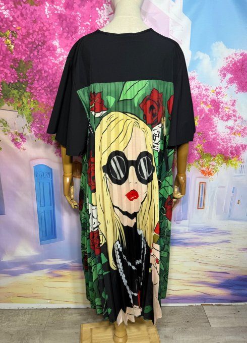 Robe mi-longue plissée noire & verte Roses rouges Fashion Pretty Woman du 40 au 52 