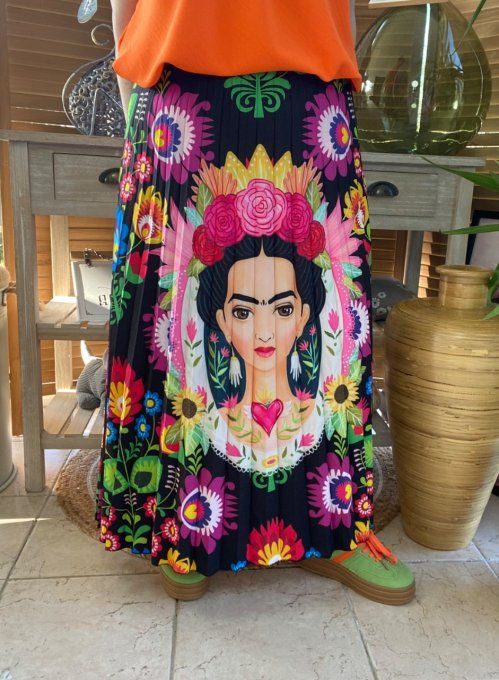 Jupe plissée longue ample noire Frida Kahlo aux Fleurs du 38 au 46 