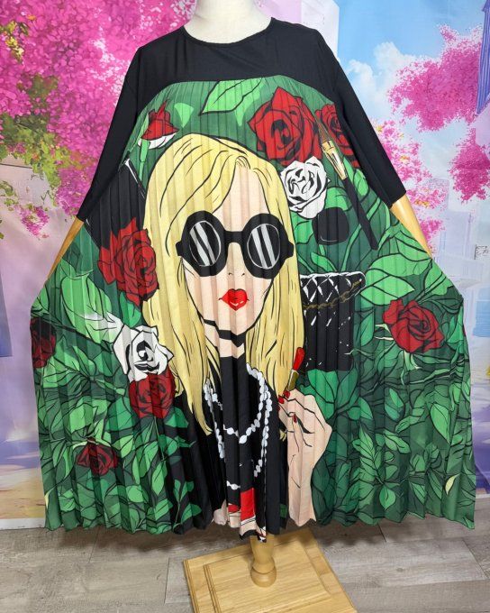 Robe mi-longue plissée noire & verte Roses rouges Fashion Pretty Woman du 40 au 52 