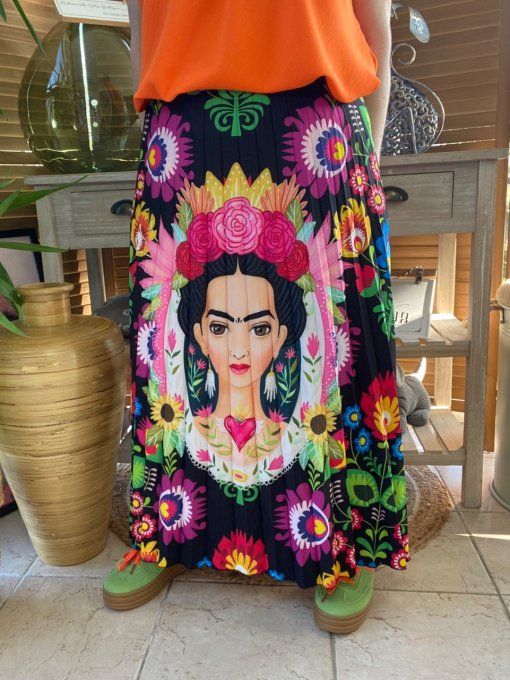 Jupe plissée longue ample noire Frida Kahlo aux Fleurs du 38 au 46 
