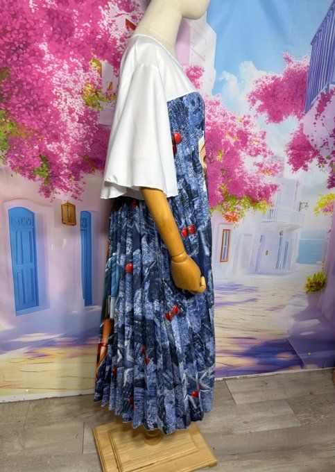 Robe longue plissée blanche & effet jeans Marylin Monroe Country Cherries Girl du 40 au 52