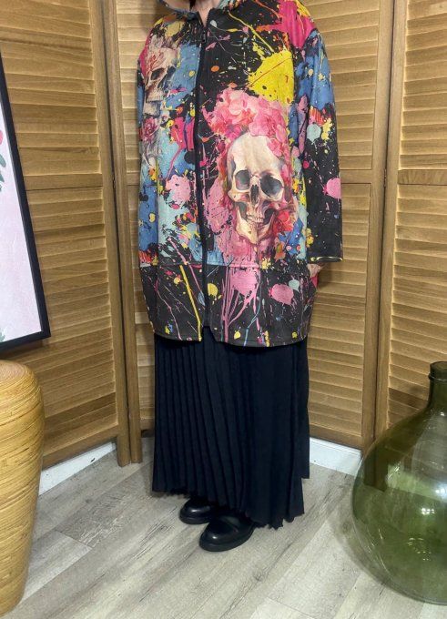 Manteau à capuche suédine noire graffitis Mexican Skulls Calavera du 40 au 52 et même +