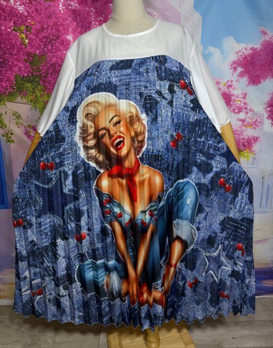 Robe longue plissée blanche & effet jeans Marylin Monroe Country Cherries Girl du 40 au 52