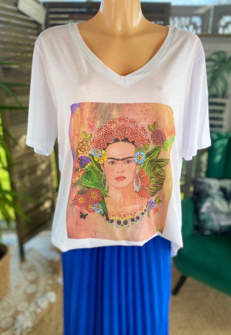 Tee-shirt manches courtes col v Frida Kahlo couronne fleurs strass du 40 au 48/50 