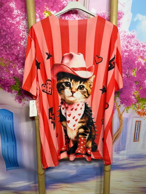 Tee-shirt fin trapèze oversize lycra rayé rouge rose L'adorable Chat Cowboy du 40 au 54