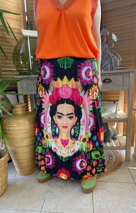 Jupe plissée longue ample noire Frida Kahlo aux Fleurs du 38 au 46 