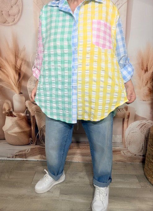 Chemise oversize asymétrique Carreaux Vichy pastel col Bleu layette du 40 au 52 