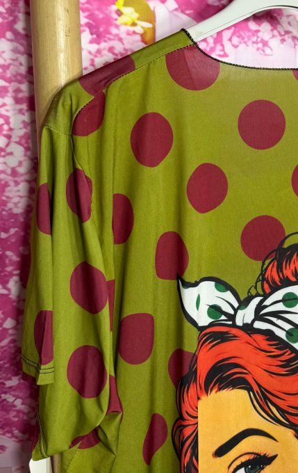 Tee-shirt fin trapèze oversize lycra Olive pois Grenat Pinup rétro chic du 40 au 54 