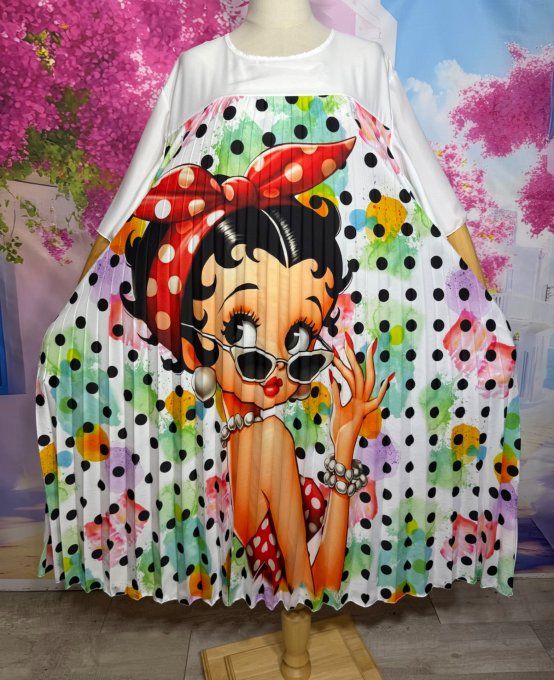 Robe longue plissée blanche & Graffitis pois noirs Betty Boop Rétro Chic du 40 au 52