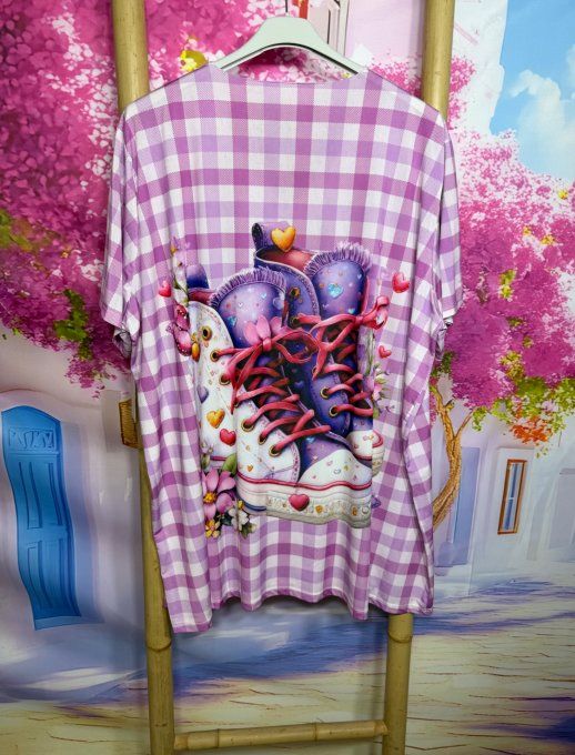 Tee-shirt fin trapèze oversize lycra carreaux Lilas Mes Jolies Baskets du 40 au 54 