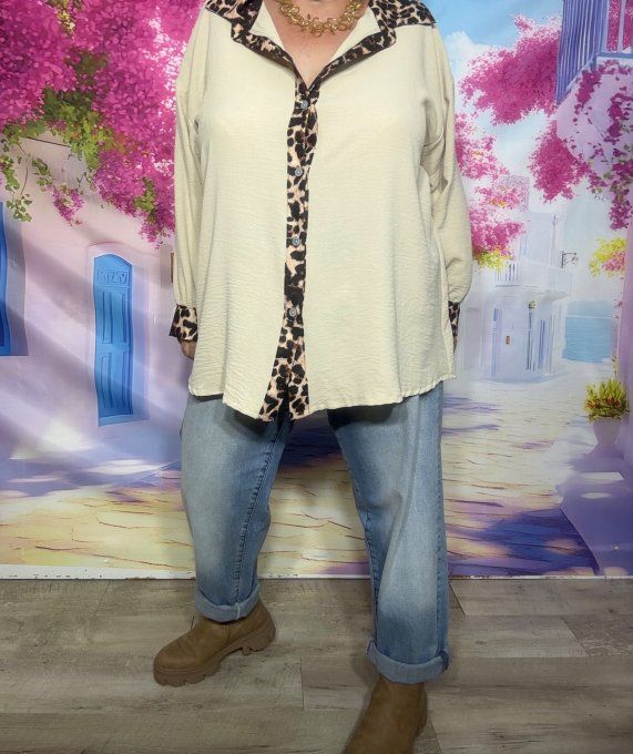 Chemise ample beige bordures léopard camel manches longues du 40 au 50/52 