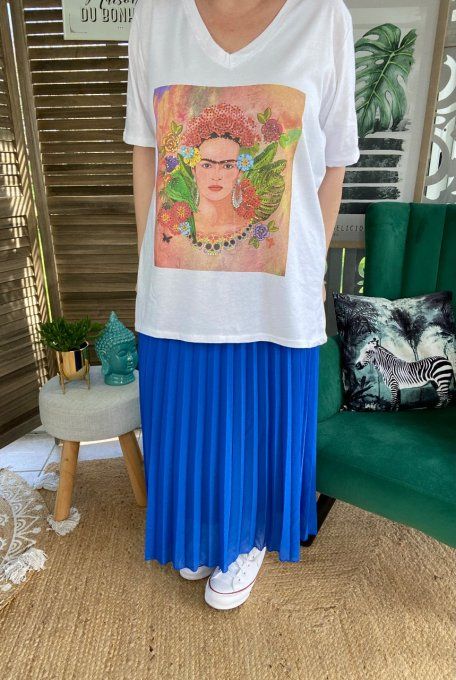 Tee-shirt manches courtes col v Frida Kahlo couronne fleurs strass du 40 au 48/50 