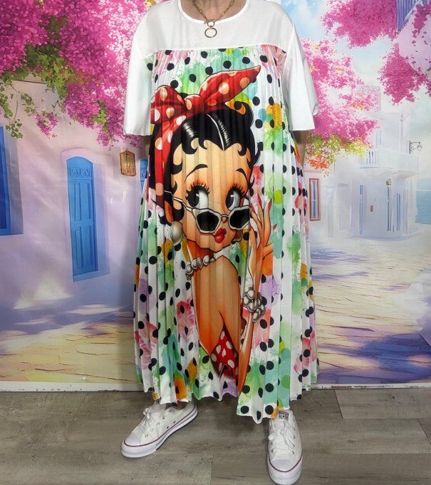 Robe longue plissée blanche & Graffitis pois noirs Betty Boop Rétro Chic du 40 au 52