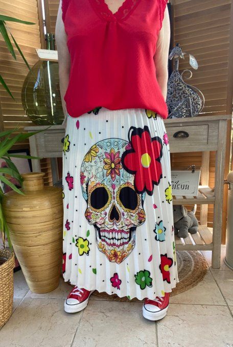 Jupe plissée longue ample blanche Mexican Skulls Calavera du 38 au 46  