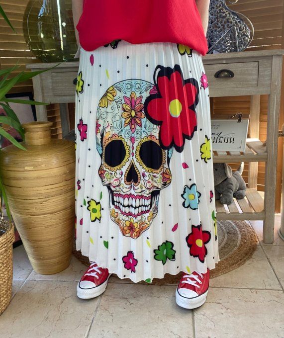 Jupe plissée longue ample blanche Mexican Skulls Calavera du 38 au 46  