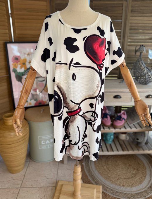 Tunique longue ou robe courte blanche Snoopy au ballon coeur rouge du 40 au 50/52  