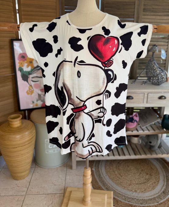 Tunique longue ou robe courte blanche Snoopy au ballon coeur rouge du 40 au 50/52  