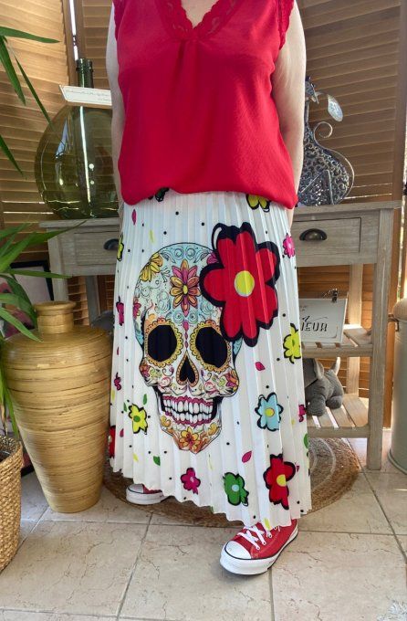 Jupe plissée longue ample blanche Mexican Skulls Calavera du 38 au 46  