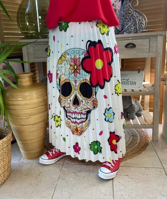 Jupe plissée longue ample blanche Mexican Skulls Calavera du 38 au 46  