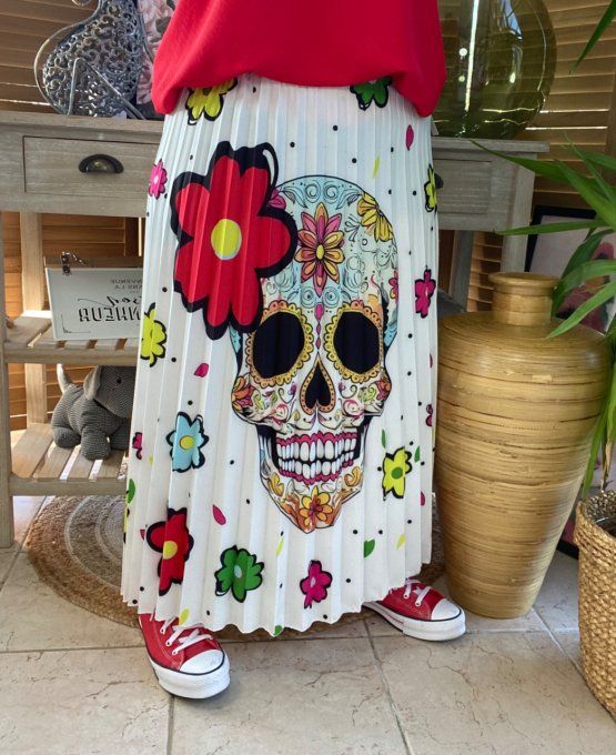 Jupe plissée longue ample blanche Mexican Skulls Calavera du 38 au 46  