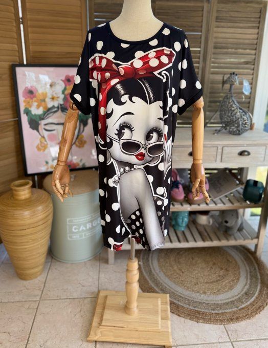 Tunique longue ou robe courte noire pois blancs Betty Boop rétro du 40 au 50/52  