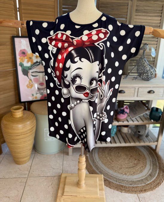 Tunique longue ou robe courte noire pois blancs Betty Boop rétro du 40 au 50/52  