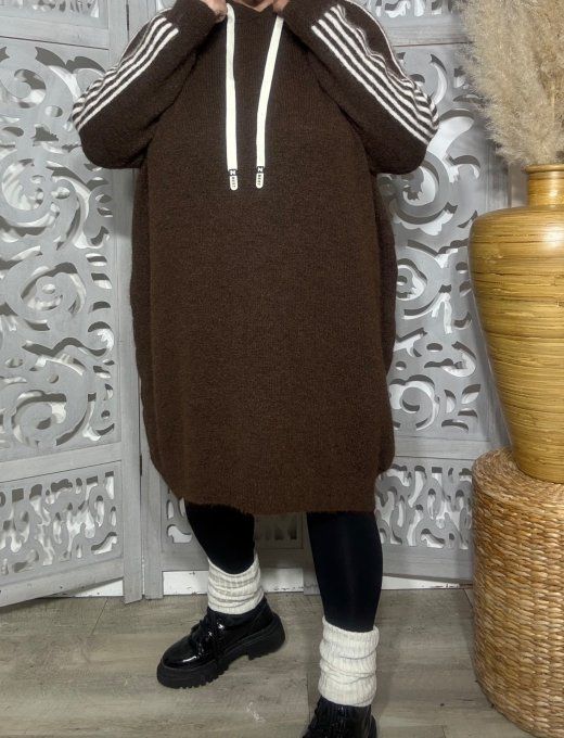 Robe maille à capuche oversize Chocolat Sportswear Bandes écrues Douceur +++ du 44 au 54/56