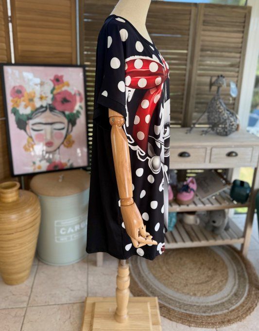 Tunique longue ou robe courte noire pois blancs Betty Boop rétro du 40 au 50/52  