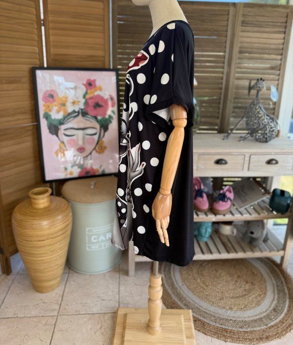 Tunique longue ou robe courte noire pois blancs Betty Boop rétro du 40 au 50/52  