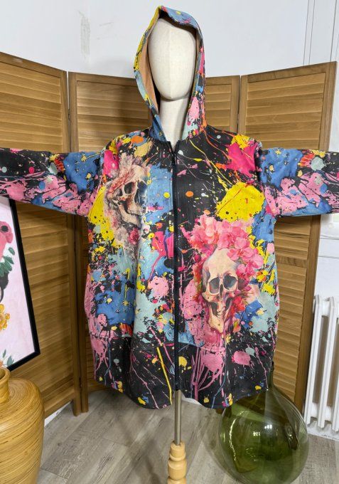 Manteau à capuche suédine noire graffitis Mexican Skulls Calavera du 40 au 52 et même +
