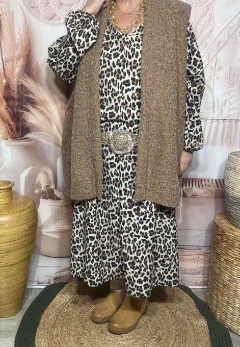 Robe longue oversize Léopard caramel beige noir du 42 au 52  
