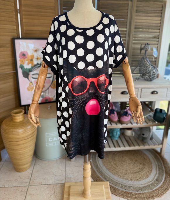 Tunique longue ou robe courte noire pois blancs Le Chat noir Bubble du 40 au 50/52