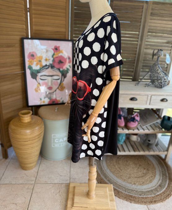 Tunique longue ou robe courte noire pois blancs Le Chat noir Bubble du 40 au 50/52