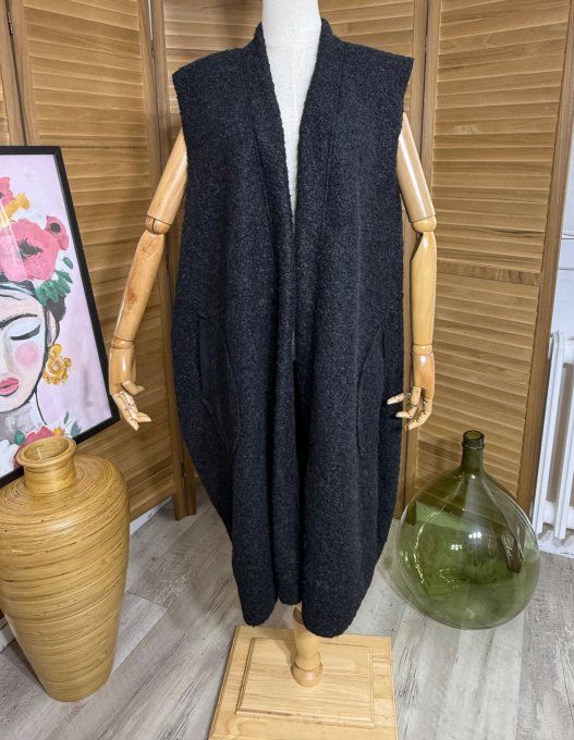 gilet long sans manches ample bouclette noir du 40 au 52 